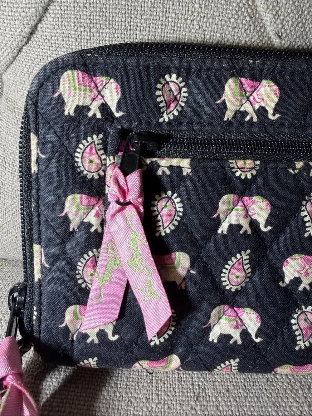 Vera Bradley Black Wallet with Pink Elephant Print Wristlet